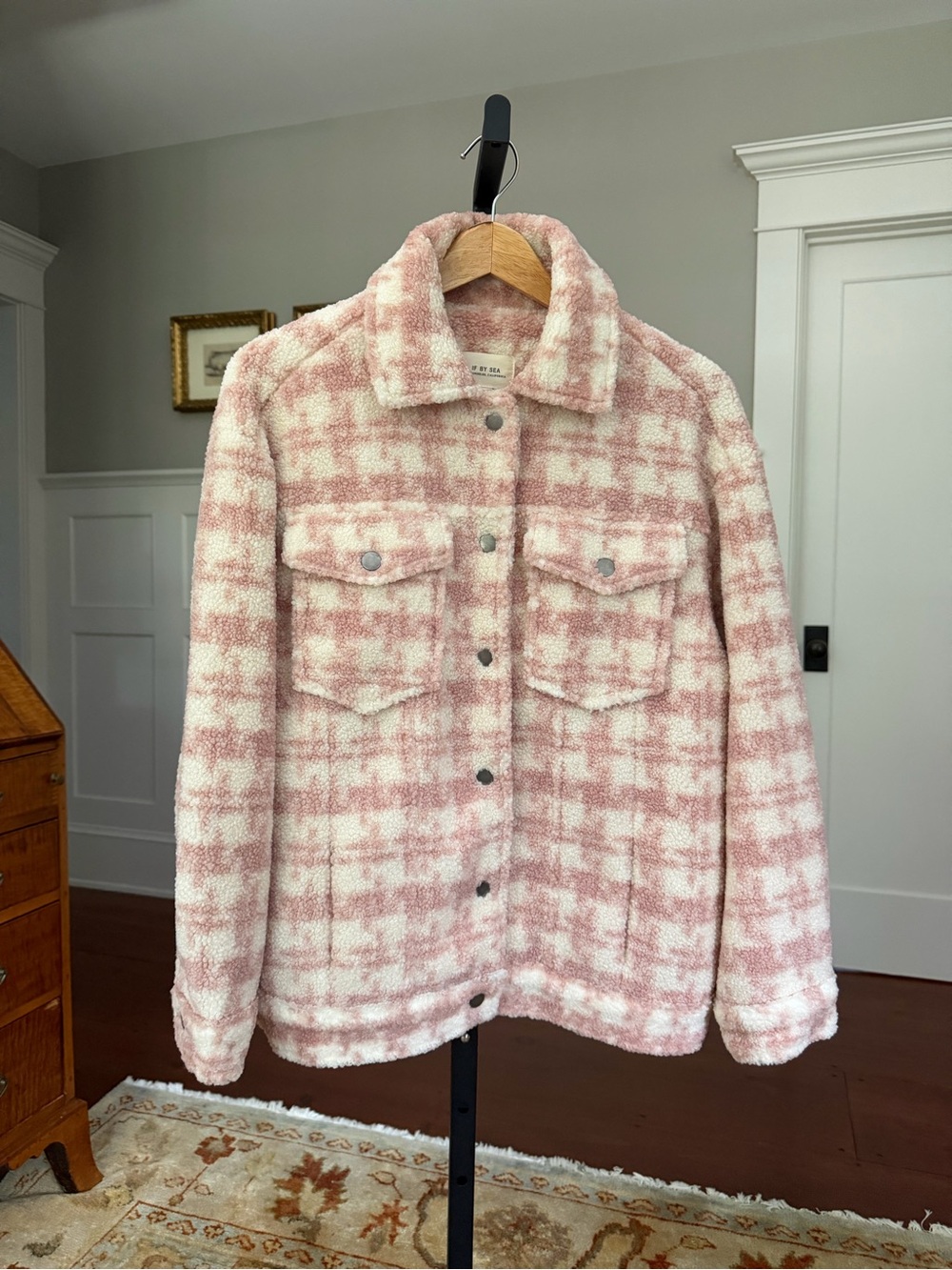 Anthropologie Audrey Houndstooth Shacket in Blush Pink and Cream